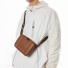 1pc Plain Black & Brown Embossed PU Leather Zipper Closure Diagonal Shoulder Bag, Waterproof & Durable Phone Pouch, Minimalist Korean Style Camera Bag, Unisex Youth Couple Bag - Multicolor - View 11