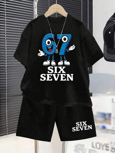Young Boy Letter & Number Print Round Neck Short Sleeve T-Shirt And Shorts Casual Daily Outfit