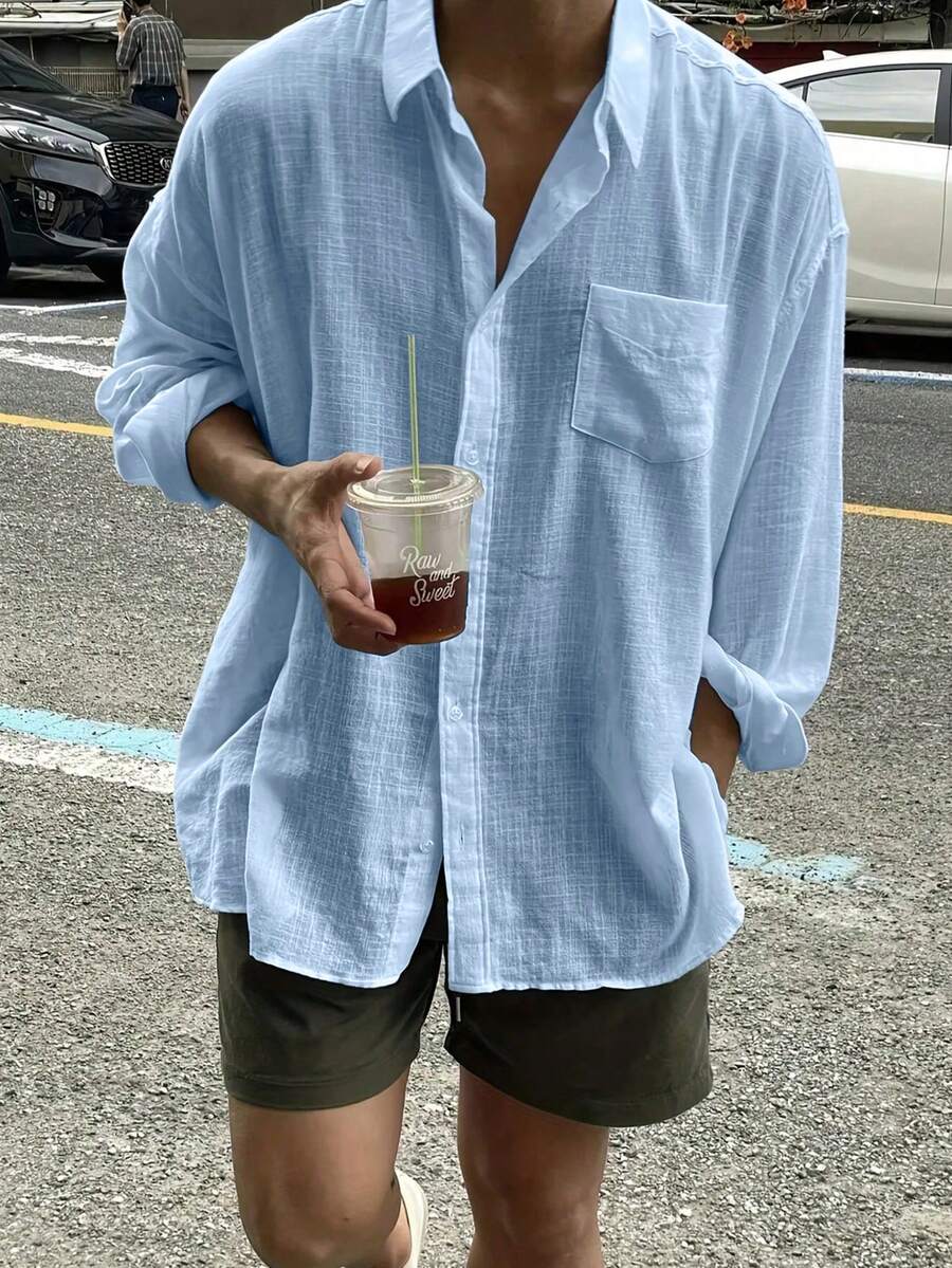 男士純色長袖單口袋寬鬆休閒大尺碼襯衫，適合秋季，商務休閒風