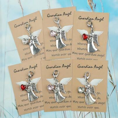 1pc/3pcs Crystal Heart Guardian Angel Blessing Card Silver-Plated Keychain Bag Charm, With Card For Girls