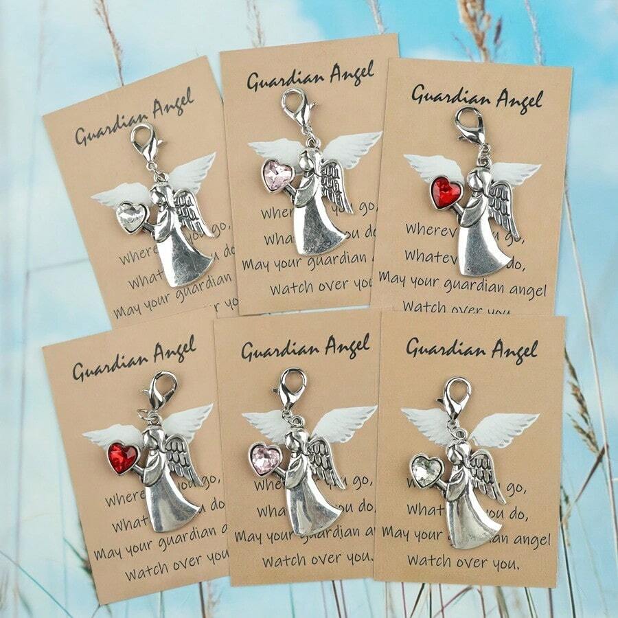 1pc/3pcs Crystal Heart Guardian Angel Blessing Card Silver-Plated Keychain Bag Charm, With Card For Girls