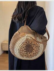 New Women's Spring Hollow Round Straw Bag, Single-Shoulder Straw Bag, Woven Bag, Large Capacity For Outing, Commuting, Beach Tote Bag - Brown - View 5
