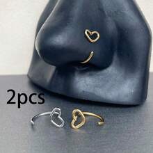 2PCS Summer Jewelry Stainless Steel Nose Stud Ring Heart Shape Earring Lip Ring Piercing For Women Golden Jewelry - Multicolor - View 9