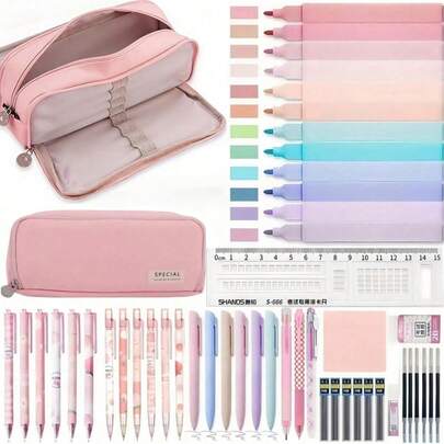 Deluxe Stationery Set, Includes 1 Large Capacity Pencil Case, 6 Black Ballpoint Pens, 6 Morandi 0.5mm Color Pens, 6 Mechanical Pencils, 6 Pencil Lead Refills, 12 Gradient Highlighters, 1 Notepad, 1 Eraser & Ruler Set, Ideal For Students, Multi-Functional Office & School Supplies, Back To School Essential Gift
