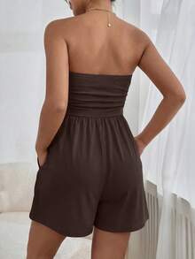 Women Summer Romper Strapless Tube Ruffle Boho Loose Shorts Jumpsuits Pockets Casual Daily Spring Holiday Beach Vacation Airport Outfits - màu nâu - Xem 2