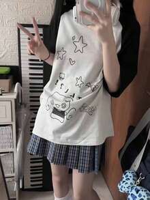 女士夏季新款 Y2K Grunge 摇滚风插肩袖动漫图案 T 恤，宽松复古涂鸦印花休闲街头风短袖上衣 白色 - 白色 - 查看 3