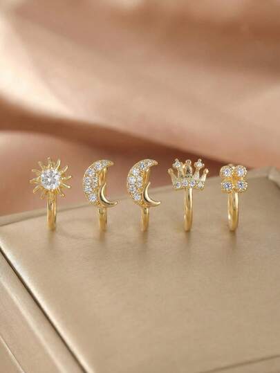 5pcs/Set Bohemian Vintage Sun & Moon Shape Adjustable Nose Clips, Clover Gold Nose Ring, Cubic Zirconia Embedded Faux Nose Hoop For Women, Great Gift For Mother's Day, Eid, Music Festivals