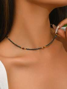 1pc Women's Fashion Minimalist Asymmetrical Stone Beaded Necklace, Suitable For Daily Wear - Multicolor - View 3