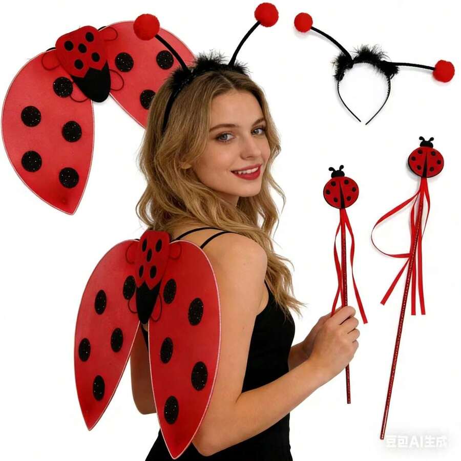 3pcs/Ladybug Wings Costume Set - Red And Black Polka Dot Design, With Black Antennae And Red Tassels, Perfect For All Kinds Of Carnivals, Christmas And Theme Parties. - Red - View 1