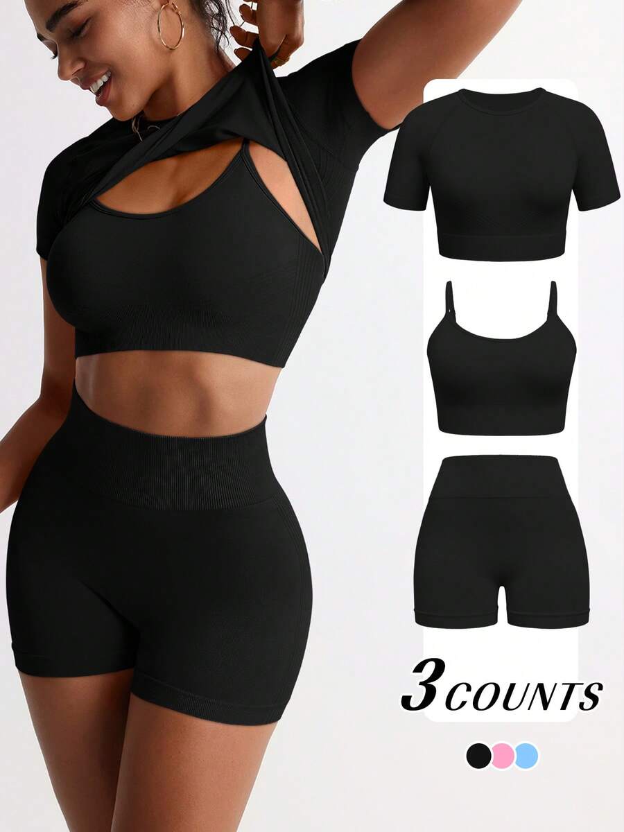 TCVC Women's Seamless 3-Piece Sportswear Set: Solid Color High Elasticity Sheer Resistant Short Sleeve Top + Sports Bra + Shorts. Supportive, Compressive, Removable Padded, Sexy Spaghetti Straps, Racerback Design. Cropped Tight Fit Tee, High-Waisted Slimming Shorts. Suitable For Running, Yoga, Gym, Outdoor Activities, Leisure - Black - View 1