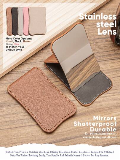 1个方形可折叠化妆镜，便携式手持镜，可放入口袋、钱包、桌面使用，采用防刮皮革材质，简约高端设计，男女皆宜，颜色可选卡其色、黑色、棕色、灰色、粉色