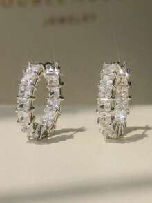 Set de 2 pendientes de lujo con diamante de imitación, pendientes de aro con circonita cúbica engastada, adecuados para bodas, compromisos y regalos del Día de San Valentín para mujeres - Plateado - Ver 2