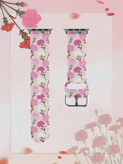 1条水彩浅粉色康乃馨图案柔软弹性透气替换表带，兼容三星、荣耀智能手表，尺寸可选38mm、40mm、41mm、42mm、46mm、45mm、44mm、49mm，母亲节礼物，康乃馨图案时尚休闲硅胶表带，兼容苹果手表Ultra SE/11/10/9/8/7/6/5/4/3/2/1