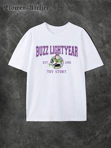 Disney Women's Casual White Cotton Buzz Lightyear Toy Story Graphic Print Short Sleeve Round Neck T-Shirt, Regular Fit Top For Everyday Wear - 白色 - 查看 2