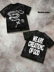 Unisex "We Are Creations Of God" Graphic T-Shirt, Double-Sided Rosary Cross Print 220G Cotton Y2K Streetwear Tee Y2K Dark Aesthetic Tee Breathable & Comfortable Cotton - 水洗黑 1 - 查看 11