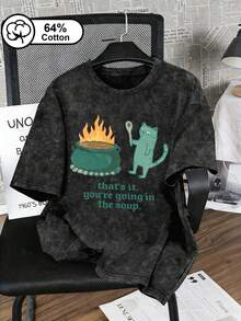 女士休闲日常加大码T恤，幽默猫咪印花，配以“你进汤里了”字样，复古雪花水洗工艺，适合户外穿着，夏季服装，女士图案印花。黑色 - 黑色 - 查看 1