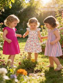 3pcs/Set Baby Girl Sleeveless Square Neck Casual Dress Set - Hot Pink - View 2