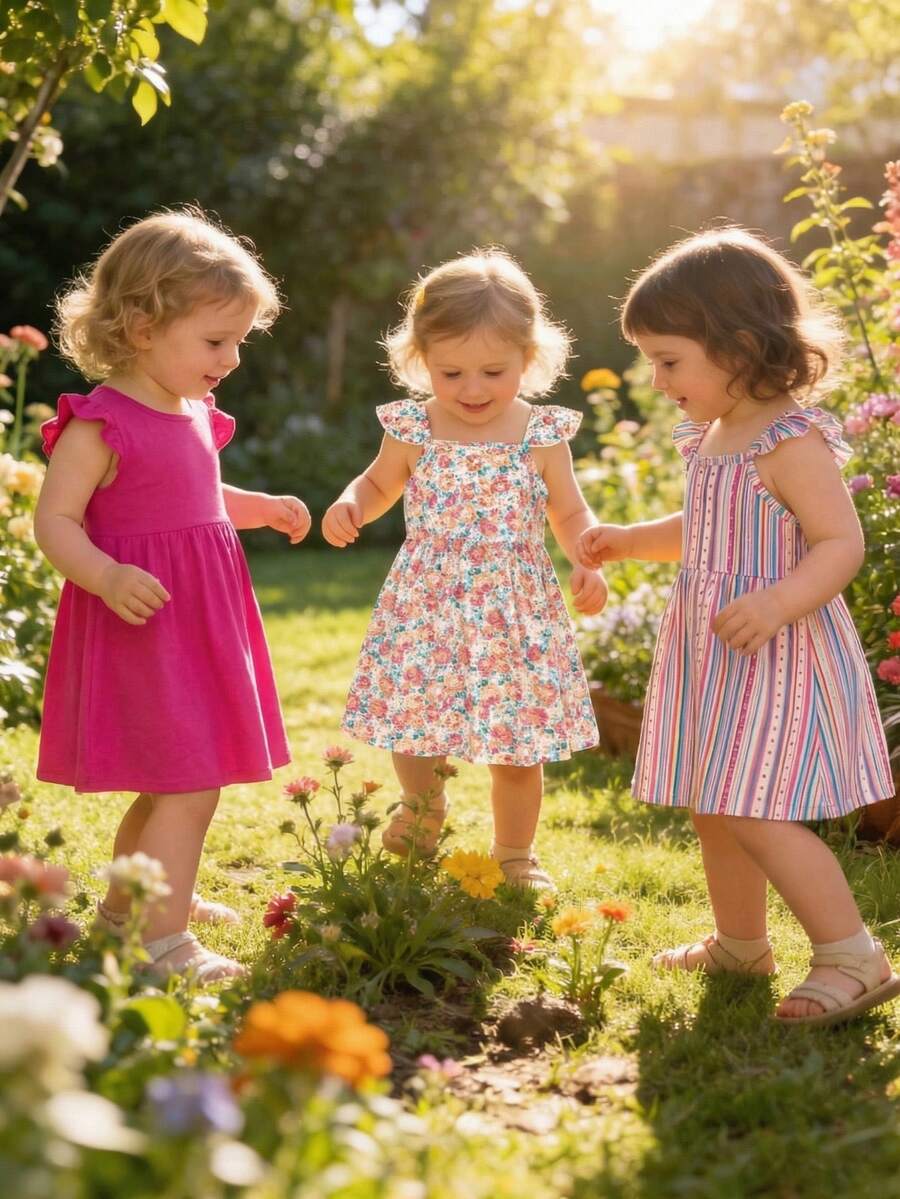 3pcs/Set Baby Girl Sleeveless Square Neck Casual Dress Set