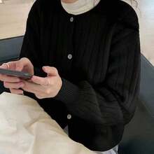 ニットニットカーディガン レディース 長袖 ラウンドネック 前開き ボタン パフスリーブ ゆったりシルエット リブ編み クルーネック おしゃれ 可愛い  柔らかい あったか 羽織り 秋物 春物 アウター 普段使い 日常使い 通勤 オフィス きれいめ - イエロー - チェックする 6