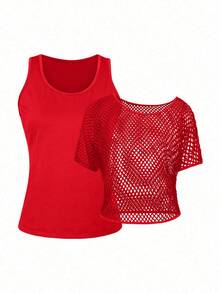 2pcs Women's Set: Neon Red Casual Fashionable Vacation Off-Shoulder Fishnet Cover-Up T-Shirt + Camisole, Spring/Summer - Red - View 5