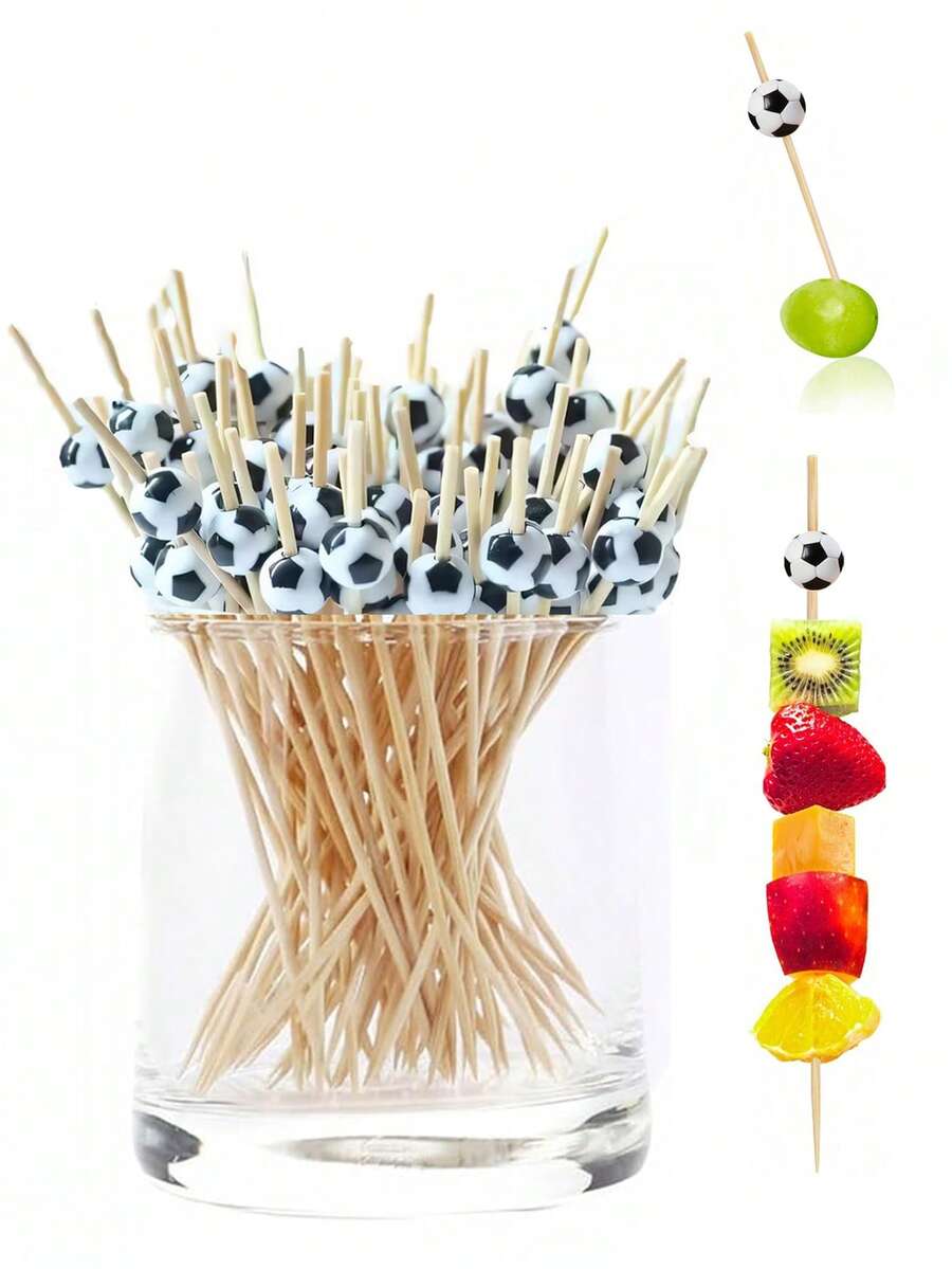 100 piezas de palillos de cóctel con forma de balón de fútbol de bambú, adecuados para bodas, cumpleaños, fiestas con tema deportivo, decoración de fiestas de la Copa del Mundo, centro de mesa - multicolor - Ver 1