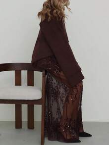 Chân váy voan lưới xuyên thấu màu đen đính sequin, thanh lịch, thích hợp cho các bữa tiệc, buổi hẹn hò vào đầu mùa xuân. - Cà phê nâu - Xem 3