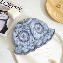 Women Crochet Bucket Hat Knit Handmade Foldable Beach Hat Cute Hand Woven Fishing Hat - Màu xanh lam - Xem 3