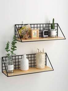 1pc Iron Wall Mounted Shelf, No Drilling Required, Bedside Storage Rack, Wall Hanging Organizer (With Hooks) - Black - View 2