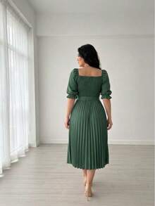 Vestido Plissado liso Manga Bufante - Verde Militar - Visão 3