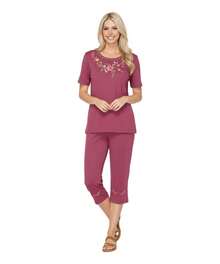 Women Short Sleeves Embroidered Cotton Blend Lounge Wear  Sets - 李子 - 查看 1