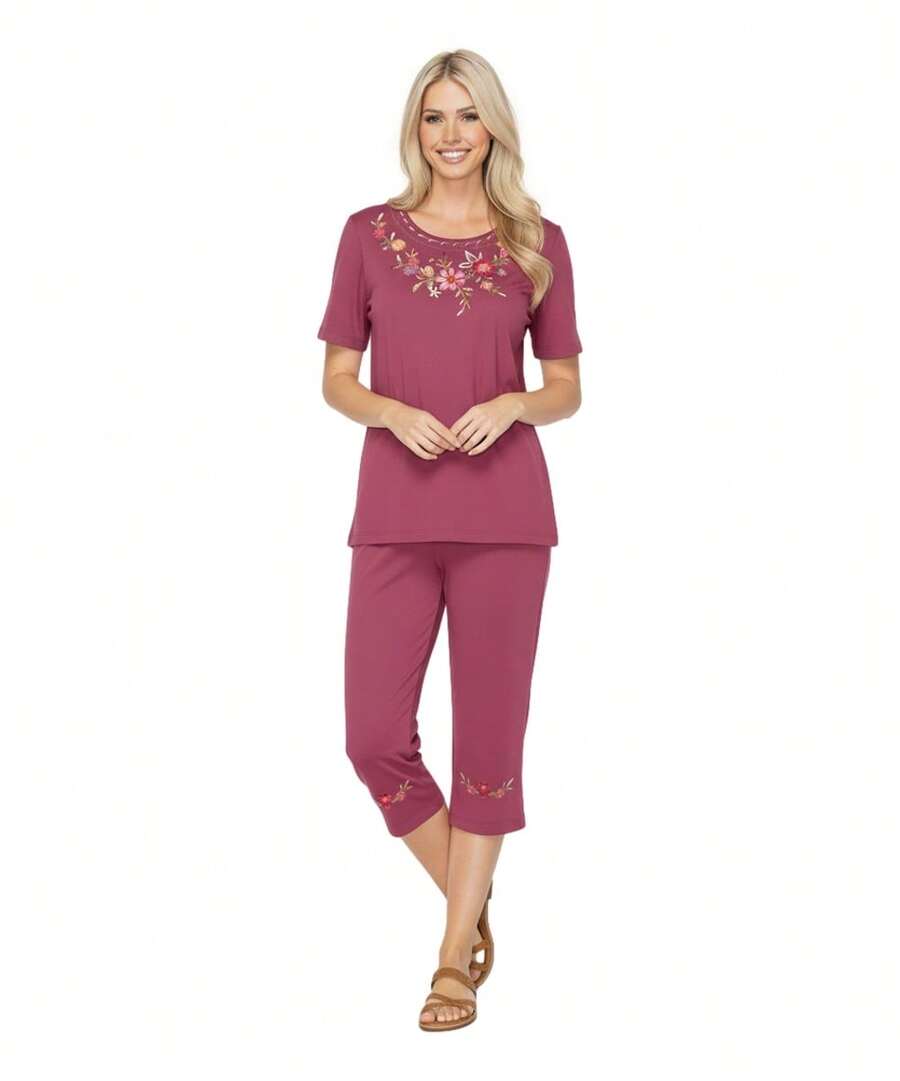 Women Short Sleeves Embroidered Cotton Blend Lounge Wear Sets - 李子 - 查看 1
