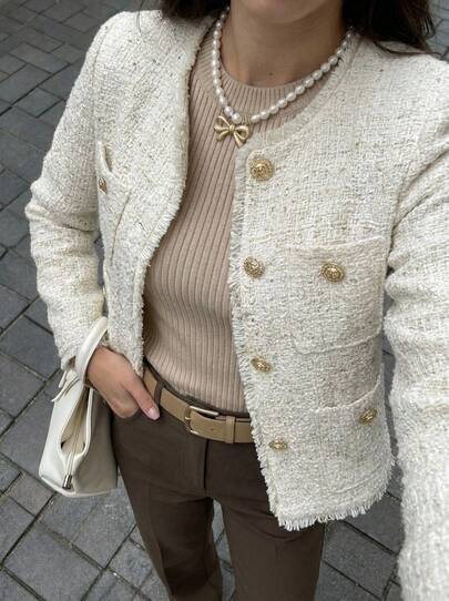 Buzzelle GMFP Women's Sequin Decor Casual Retro Textured Metal Single-Breasted Round Neck Short Tweed Elegant Jacket, Beige