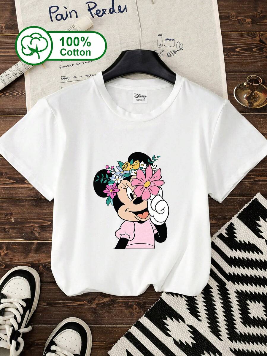 Disney Women's Casual Daily Wear, 100% Cotton Short-Sleeve T-Shirt, Featuring Mickey Mouse With A Floral Crown And Holding A Large Pink Flower, In A Fresh And Healing Style, Evoking A Springtime And Girlish Feel. Suitable For Spring Outings, Disney-Themed Events, Daily Casual Wear, And Dates. A Summer Garment, Mickey Mouse Printed T-Shirt That Can Also Be Worn As Matching Outfits For Friends Or Parent-Child Looks. - White - View 1