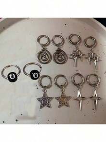 2只不锈钢螺旋星形耳环，别致迷人的黑色8环耳环，男女皆宜的哥特朋克Y2K风格首饰 - 復古銀色 - 查看 1