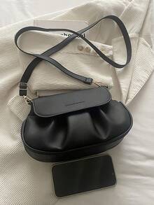 Tas Bahu PU Minimalis Warna Polos Modis dengan Lipatan, Tas Selempang Portabel, Cocok untuk Wanita Berbelanja, Bekerja, Kencan, dan Penggunaan Sehari-hari - Hitam - View 4