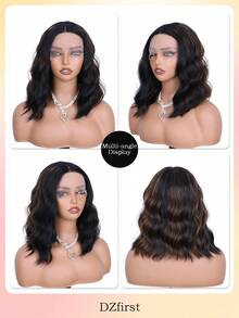 Brown Highlight Short Water Wave Bob Wig Synthetic T-Part Lace Front Wig For Effortless Styling - Brown Highlight - View 6