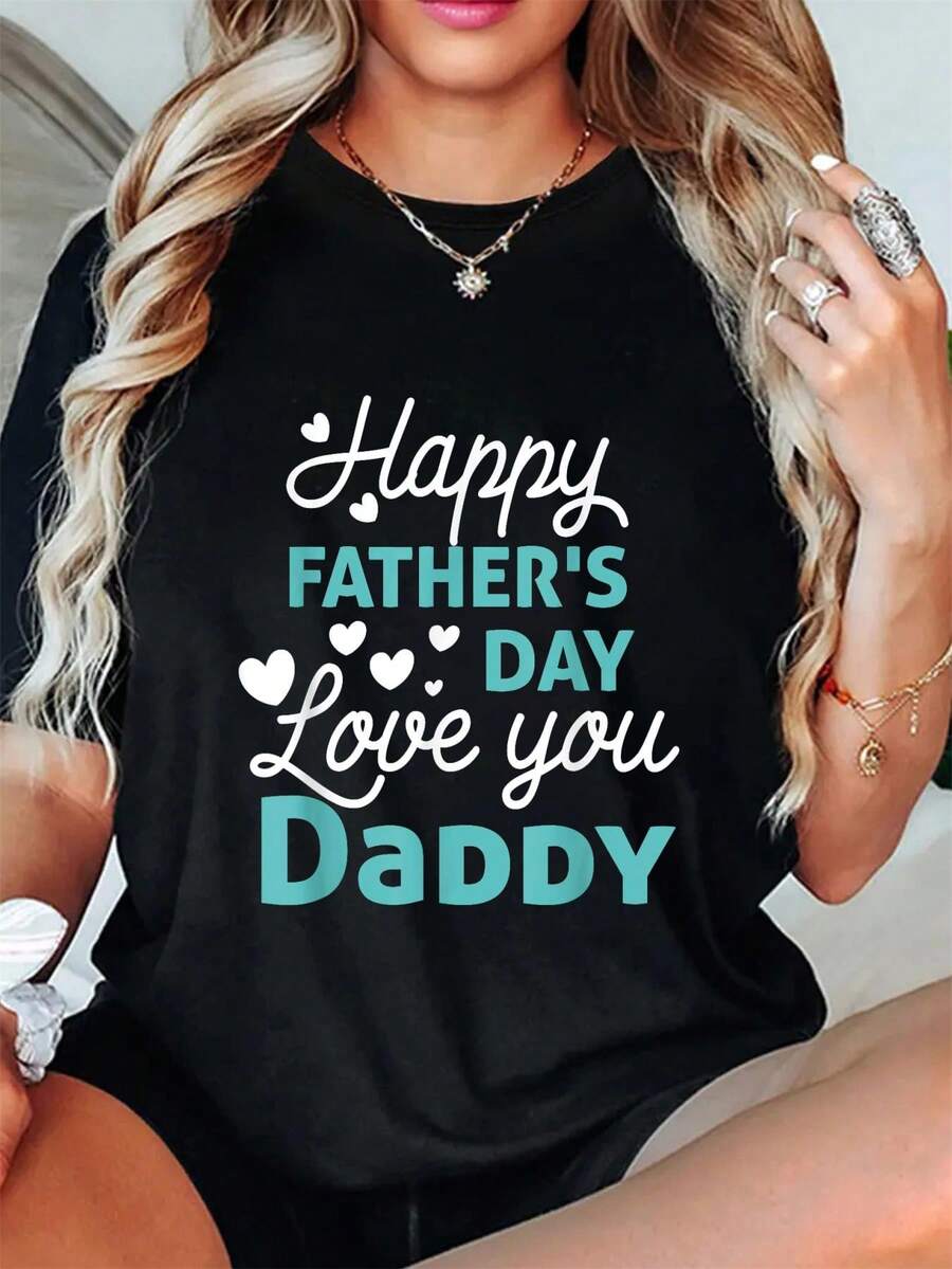 Camiseta "Feliz Día del Padre" para papá, camisetas de verano, tops casuales de manga corta y cuello redondo para verano y primavera, ropa para mujer - Negro - Ver 1
