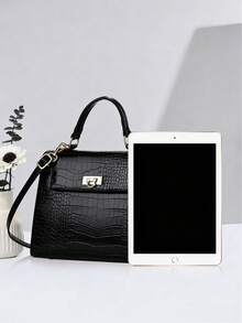 鳄鱼纹凯莉款手提包，配有顶部提手和可调节斜挎肩带，女士款 - 黑色 - 查看 5