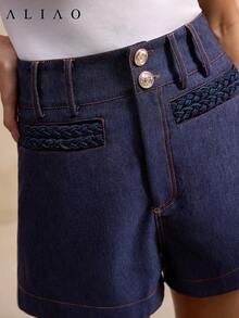 Quần short denim cạp cao màu chàm Aliao, quần short ôm sát gợi cảm phong cách retro mùa hè, quần short có túi, trang phục đa năng phong cách bohemian cho lễ hội âm nhạc, bãi biển dành cho nữ. - Màu xanh hải quân - Xem 5