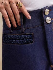 Quần short denim cạp cao màu chàm Aliao, quần short ôm sát gợi cảm phong cách retro mùa hè, quần short có túi, trang phục đa năng phong cách bohemian cho lễ hội âm nhạc, bãi biển dành cho nữ. - Màu xanh hải quân - Xem 3