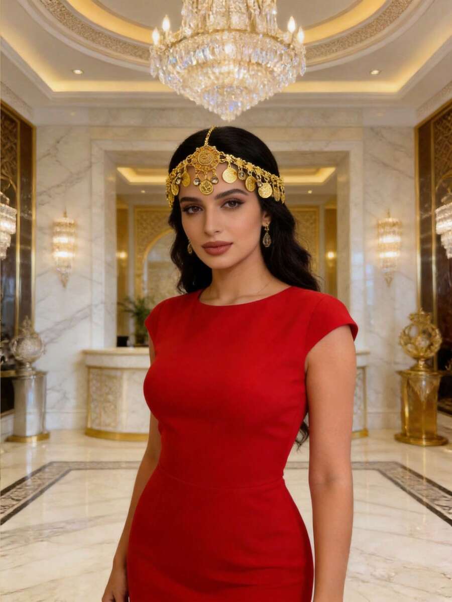 波西米亚风花朵水晶吊坠硬币链多层头饰，适合婚礼、派对、节日佩戴，也是送给朋友和女朋友的礼物。 - 金色 - 查看 1