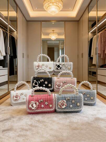 Elegant Pearl Handle Tweed Bag | Camellia Bow Decorated Crossbody Purse | Luxury Designer Handbag For Women