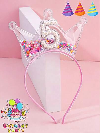 1pc Colorful Glitter Filled Crown Headband, Fun & Cute Numeric Birthday Party Crown Headband For Girls, Sparkling Pearl & Rhinestone Princess Style Hair Accessory Birthday Party Gift (Pearl Quantity On Numeric Varies Randomly)