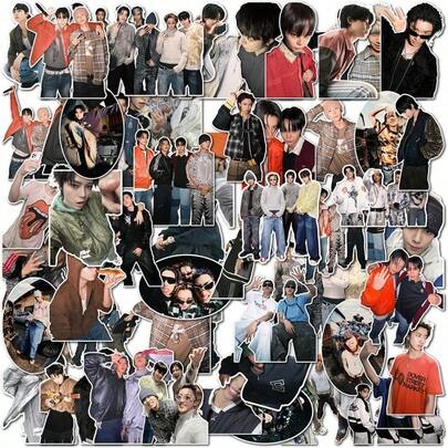 55张KPOP朴宰范新男团Lobster LNGSHOT贴纸，包含吴亦凡、刘烈、裕真、Louis等高颜值偶像组合成员贴纸，适合装饰手机壳、日记本和笔记本。