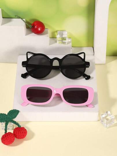 1 Set 2 PCS Girls 4-8Y Fashion Glasses, Cute Cat Ear & Rectangle Solid Color Decor, Lightweight PC Frame, Ideal For Beach Trips, Birthday Parties And Outdoor Activities With Glasses Box