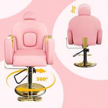 Silla profesional para salón hidráulica reclinable rosa 360° giratoria con altura regulable ideal peluquería spa belleza tatuajes estructura de hierro resistente - Rosa y oro - Ver 4