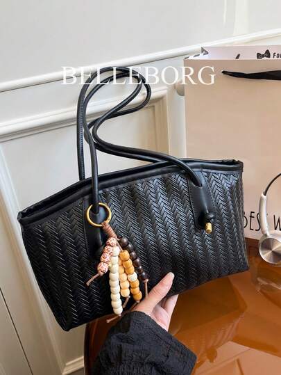 编织纹理大容量复古休闲日常购物斜挎腋下包，带吊坠，女士款