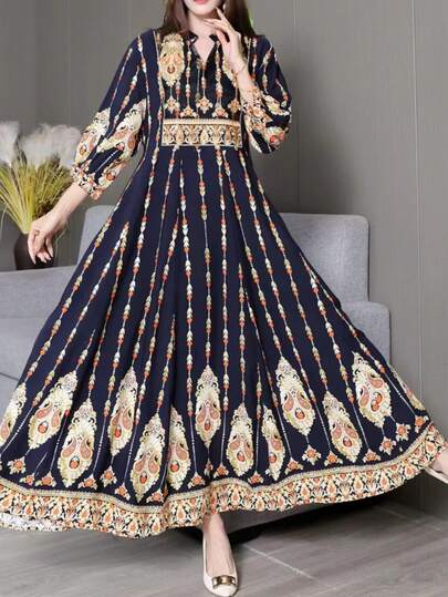 Bohemian Style Embroidered Dress, Middle Eastern Embroidery Flowy Dress, Vintage Elegant Casual Vacation Beach Long Dress