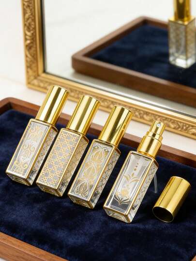 زجاجات عطر قابلة لإعادة التعبئة مانعة للتسرب ذات نمط ذهبي أنيق للسفر، رذاذ عطر محمول للجنسين، حاويات عطرية زخرفية أنيقة للاستخدام اليومي في المكتب والسفر والمنزل