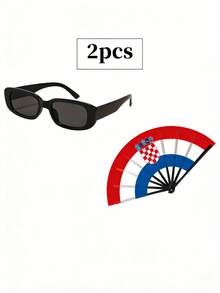 一套国旗折扇 + 复古长方形时尚眼镜，足球比赛加油装备，街头时尚必备，适合音乐节、游行、日常穿着 - 彩色 - 查看 14